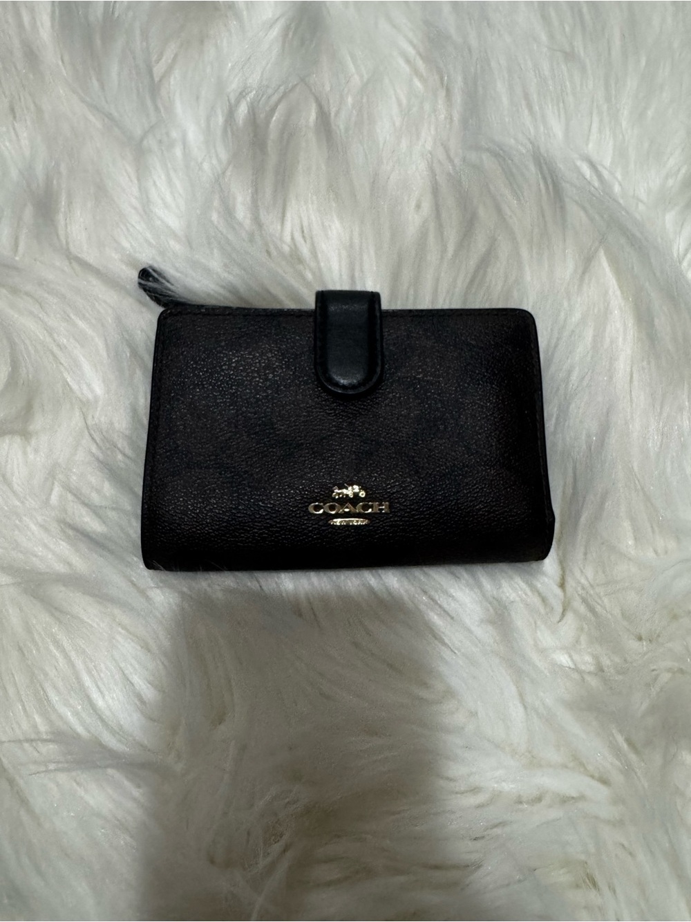 Coach Black Leather Snap-Top Compact Wallet with Gold Logo